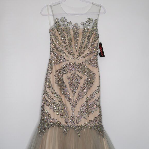 Terani Couture Dress Size 2 Silver Nude Long Trumpet Rhinestones Prom Homecoming - Picture 7 of 14